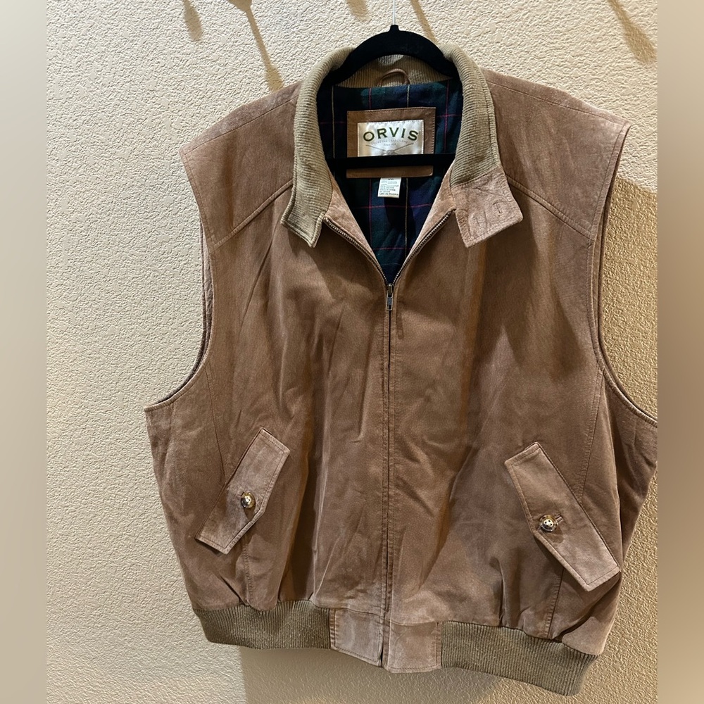 Orvis Mens 100% Genuine Leather Waistcoat Suede Field Gilet Hunting Tan Brown